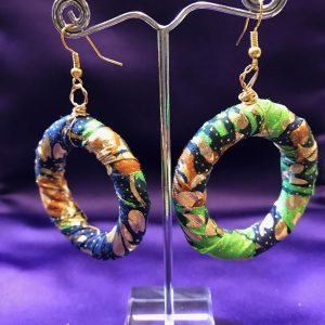 African Hoops in Gold Green Zelnoor Print - Up cycled Zero Waste Earrings